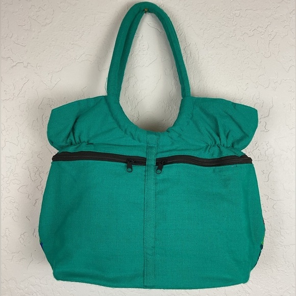 Mexican Colorful Embroidered Floral Jewel Toned Green Zip Up Bag Boho Resort - Picture 4 of 8